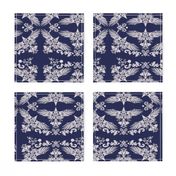   Raven Damask Silver on Blue 2inch