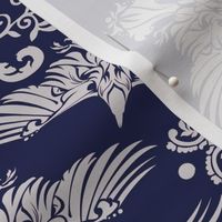   Raven Damask Silver on Blue 2inch