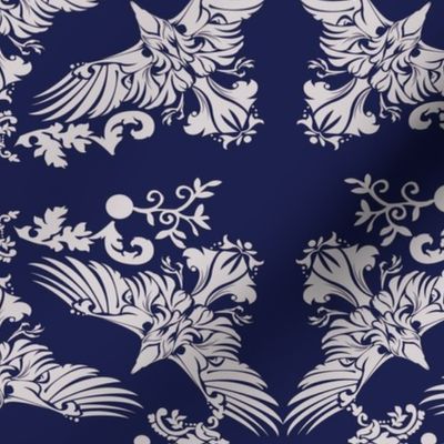   Raven Damask Silver on Blue 2inch