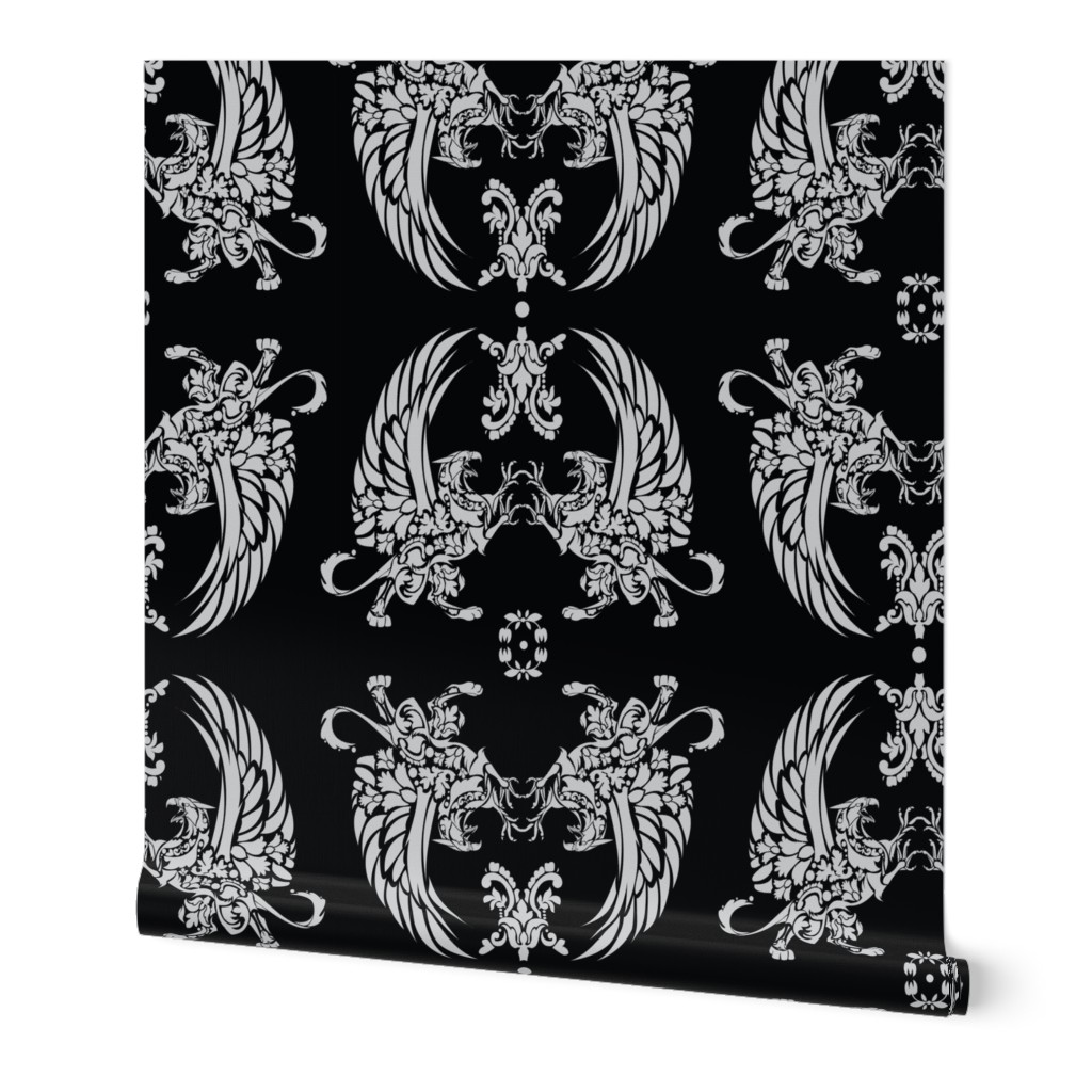 Griffin Damask Grey on Black 2inch