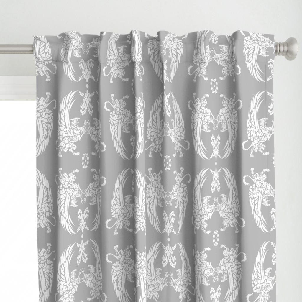 Griffin Damask white on silver Curtain Panel | Spoonflower