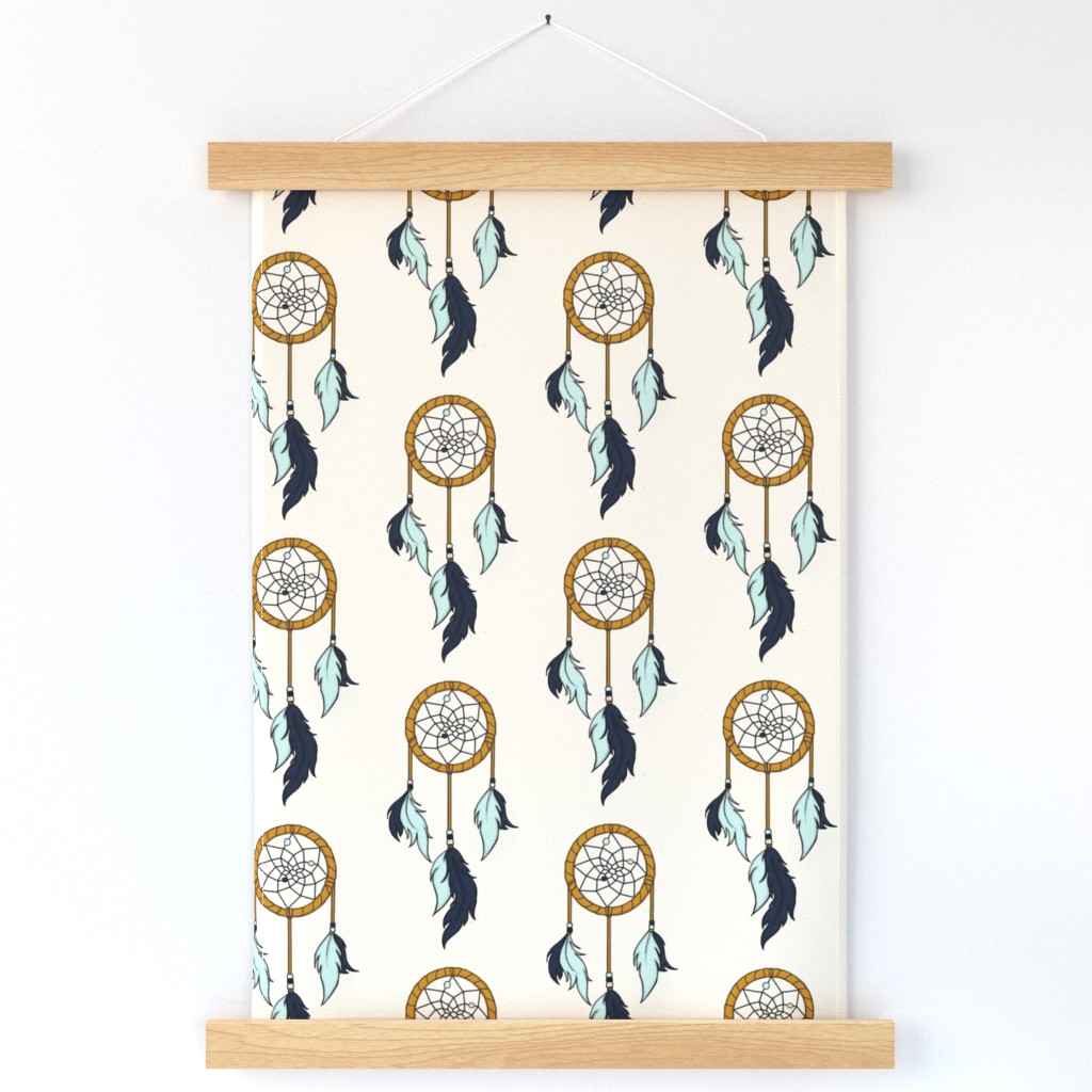 Dream Catchers Large- navy,mint, gold on cream