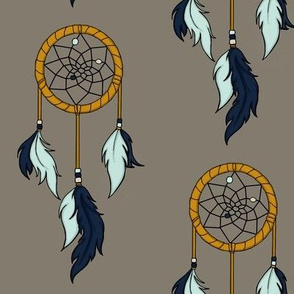 Dream Catchers - navy, mint, gold on taupe/brown
