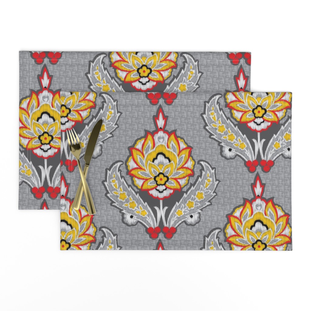 Ethnic Tribal Ikat Floral Damask Large Scale  || Gray grey black white red yellow Embroidery Texture _ Miss Chiff Designs 