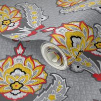 Ethnic Tribal Ikat Floral Damask Large Scale  || Gray grey black white red yellow Embroidery Texture _ Miss Chiff Designs 