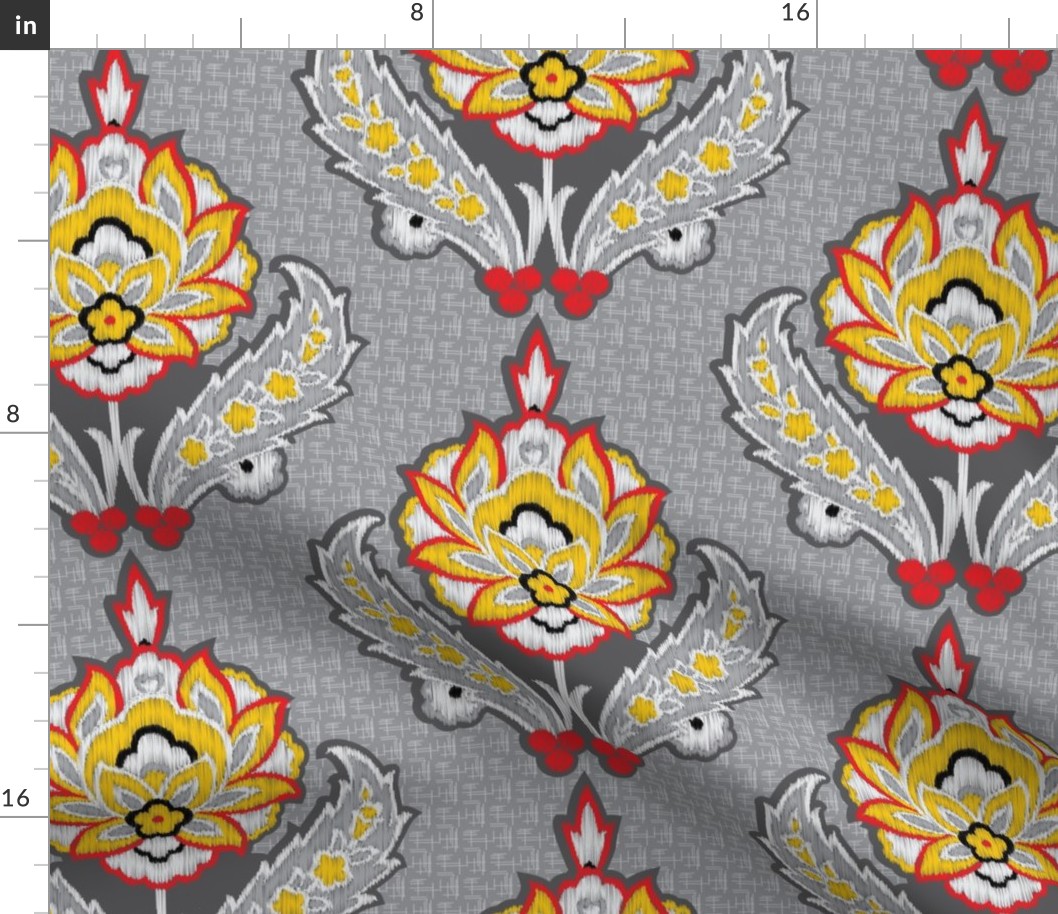 Ethnic Tribal Ikat Floral Damask Large Scale  || Gray grey black white red yellow Embroidery Texture _ Miss Chiff Designs 