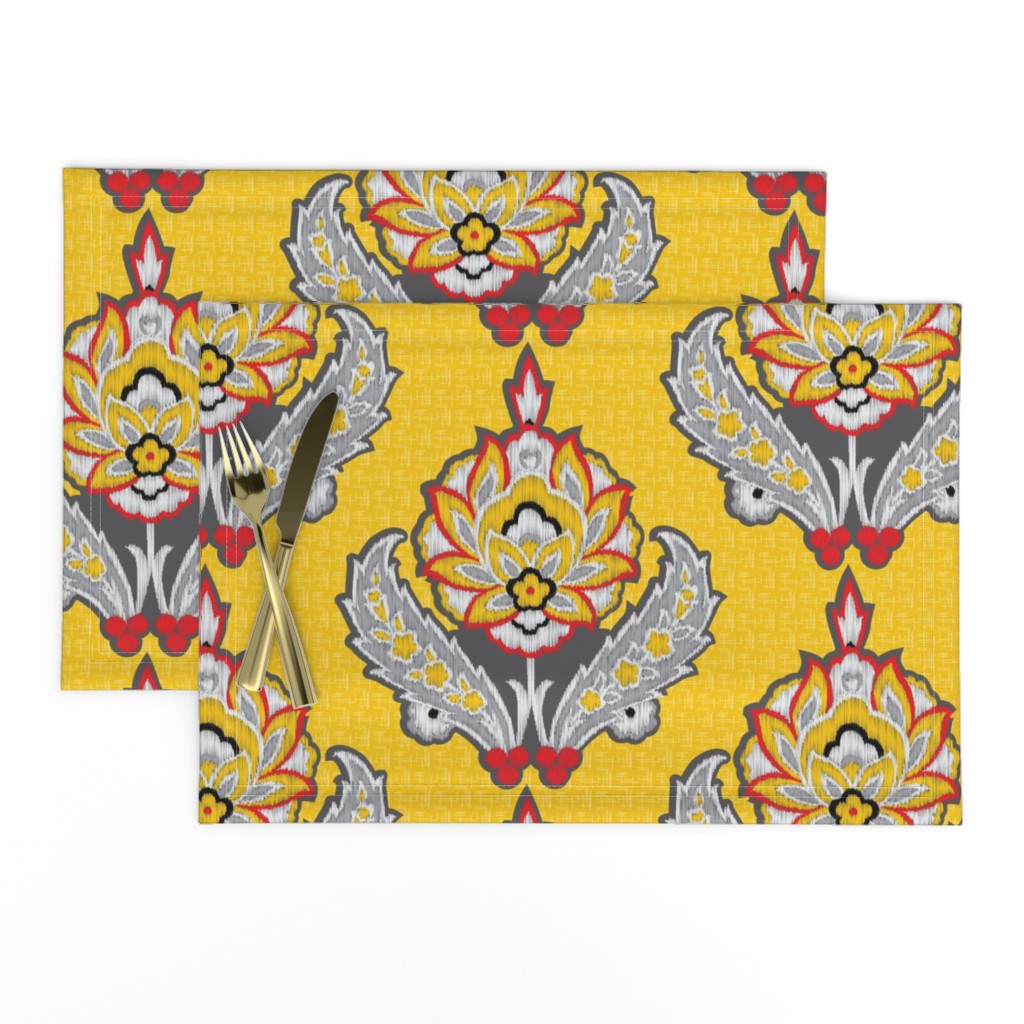 Large Scale Yellow Ethnic Tribal Ikat || Gray grey black white red Embroidery Texture traditional floral  damask 