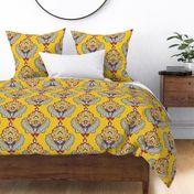 Large Scale Yellow Ethnic Tribal Ikat || Gray grey black white red Embroidery Texture traditional floral  damask 