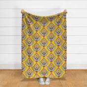 Large Scale Yellow Ethnic Tribal Ikat || Gray grey black white red Embroidery Texture traditional floral  damask 