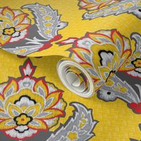 Large Scale Yellow Ethnic Tribal Ikat || Gray grey black white red Embroidery Texture traditional floral  damask 