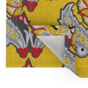 Large Scale Yellow Ethnic Tribal Ikat || Gray grey black white red Embroidery Texture traditional floral  damask 