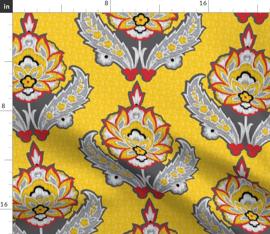 Large Scale Yellow Ethnic Tribal Ikat || Gray grey black white red Embroidery Texture traditional floral  damask 