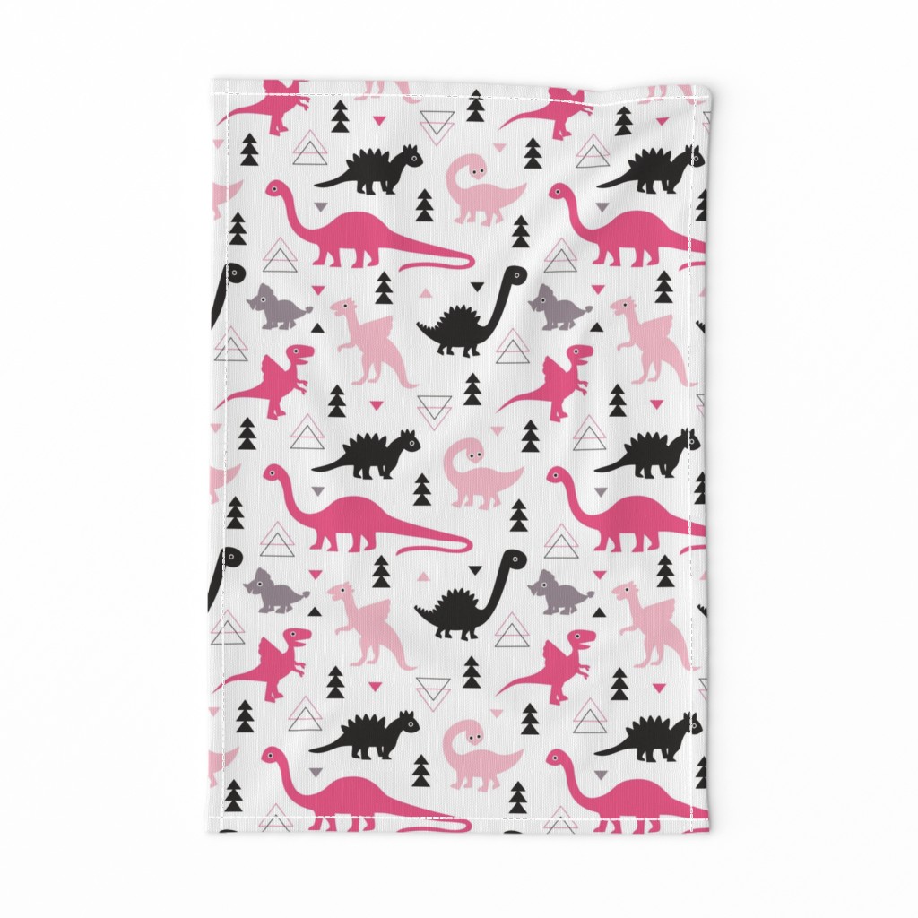 Adorable dino girls fabric with black and pink dinosaur geometric triangles and funky animal illustration theme for kids