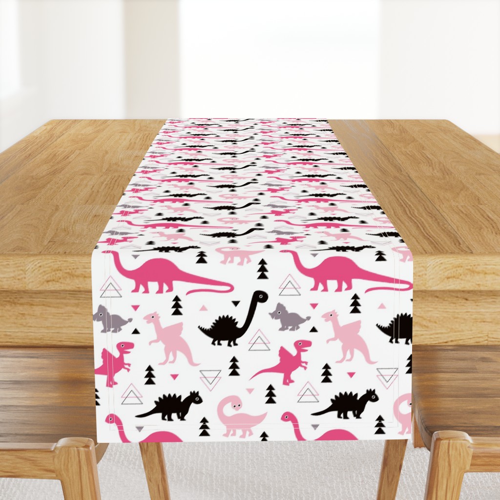 Adorable dino girls fabric with black and pink dinosaur geometric triangles and funky animal illustration theme for kids