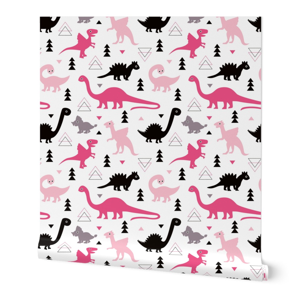 Adorable dino girls fabric with black and pink dinosaur geometric triangles and funky animal illustration theme for kids