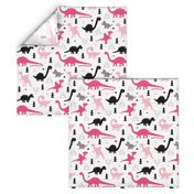 Adorable dino girls fabric with black and pink dinosaur geometric triangles and funky animal illustration theme for kids