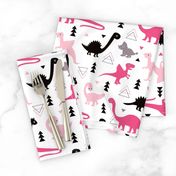 Adorable dino girls fabric with black and pink dinosaur geometric triangles and funky animal illustration theme for kids