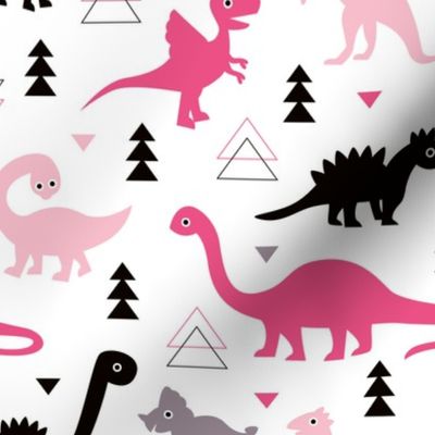 Adorable dino girls fabric with black and pink dinosaur geometric triangles and funky animal illustration theme for kids