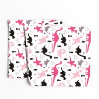 Adorable dino girls fabric with black and pink dinosaur geometric triangles and funky animal illustration theme for kids