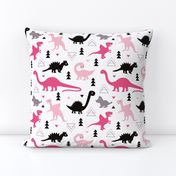 Adorable dino girls fabric with black and pink dinosaur geometric triangles and funky animal illustration theme for kids