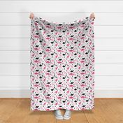 Adorable dino girls fabric with black and pink dinosaur geometric triangles and funky animal illustration theme for kids