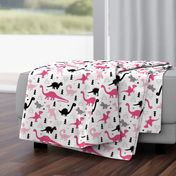 Adorable dino girls fabric with black and pink dinosaur geometric triangles and funky animal illustration theme for kids