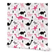 Adorable dino girls fabric with black and pink dinosaur geometric triangles and funky animal illustration theme for kids