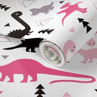 Adorable dino girls fabric with black and pink dinosaur geometric triangles and funky animal illustration theme for kids