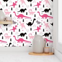 Adorable dino girls fabric with black and pink dinosaur geometric triangles and funky animal illustration theme for kids