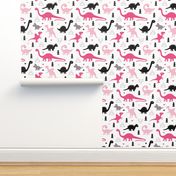 Adorable dino girls fabric with black and pink dinosaur geometric triangles and funky animal illustration theme for kids