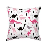 Adorable dino girls fabric with black and pink dinosaur geometric triangles and funky animal illustration theme for kids