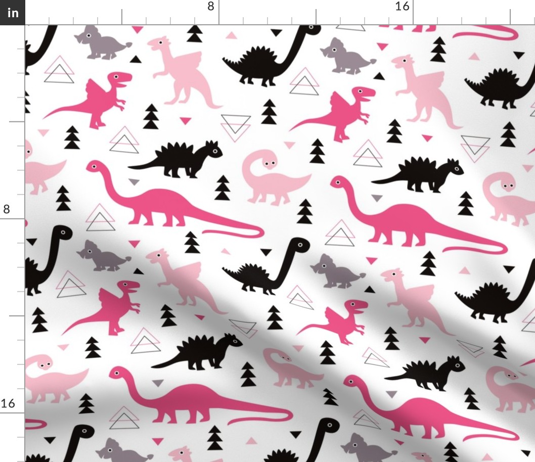 Adorable dino girls fabric with black and pink dinosaur geometric triangles and funky animal illustration theme for kids