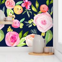 Watercolor Peonies + Poppies // Navy (Large Scale)