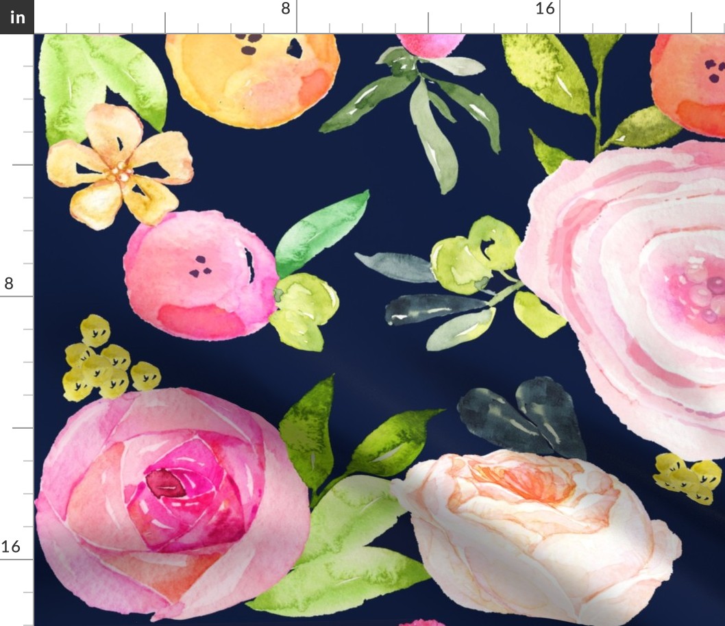 Watercolor Peonies + Poppies // Navy (Large Scale)