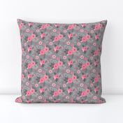 Vintage Antique Floral Flowers Pink on Grey Smaller Tiny