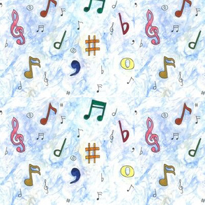 Watercolour Musical Notes On Textured Blue Background