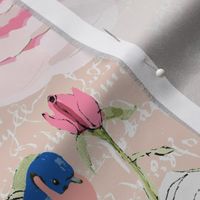 Bluebirds and roses on  Blush with white french script-ch