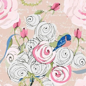 Bluebirds and roses on  Blush with white french script-ch