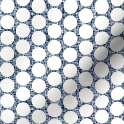 White 1" polka dots on navy + white linen weave by Su_G_©SuSchaefer