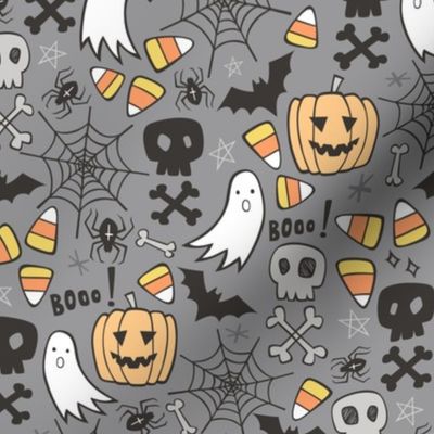 Halloween Doodle with Skulls,Bat,Pumpkin,Spiderweb,Ghost on Grey