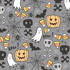 Halloween Doodle with Skulls,Bat,Pumpkin,Spiderweb,Ghost on Grey