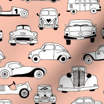 Cool vintage classics cars trendy scandinavian style design retro print for boys and girl peach