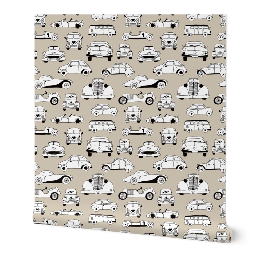 Cool vintage classics cars trendy scandinavian style design retro print for boys and girl gender neutral beige