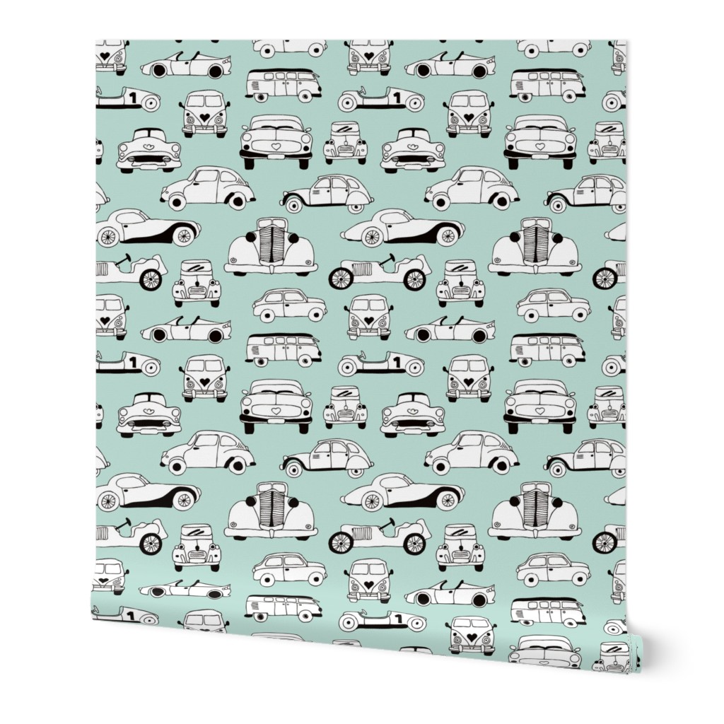 Cool vintage classics cars trendy scandinavian style design retro print for boys and girl mint