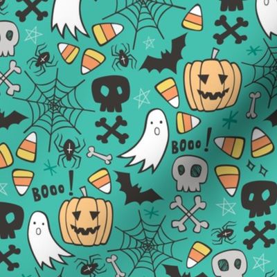 Halloween Doodle with Skulls,Bat,Pumpkin,Spiderweb,Ghost on Green
