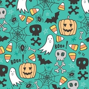 Halloween Doodle with Skulls,Bat,Pumpkin,Spiderweb,Ghost on Green