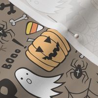 Halloween Doodle with Skulls,Bat,Pumpkin,Spiderweb,Ghost on Brown