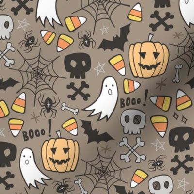 Halloween Doodle with Skulls,Bat,Pumpkin,Spiderweb,Ghost on Brown