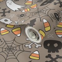 Halloween Doodle with Skulls,Bat,Pumpkin,Spiderweb,Ghost on Brown