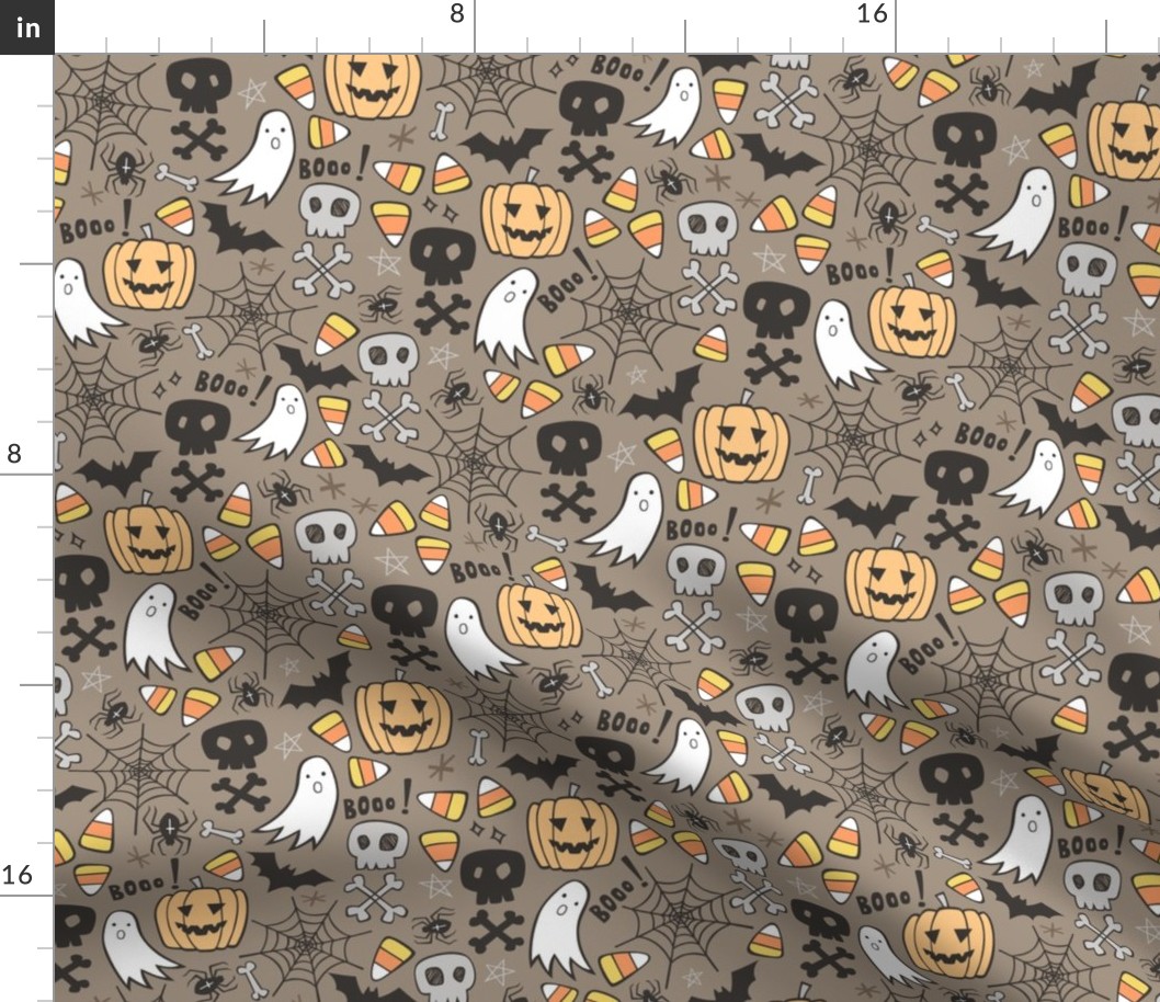 Halloween Doodle with Skulls,Bat,Pumpkin,Spiderweb,Ghost on Brown